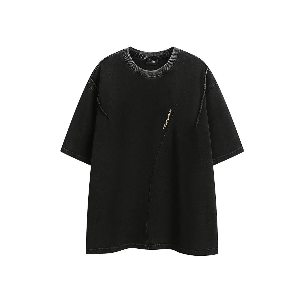 Purple and black loose-fit embroidered retro short-sleeved cotton t-shirt laid flat.