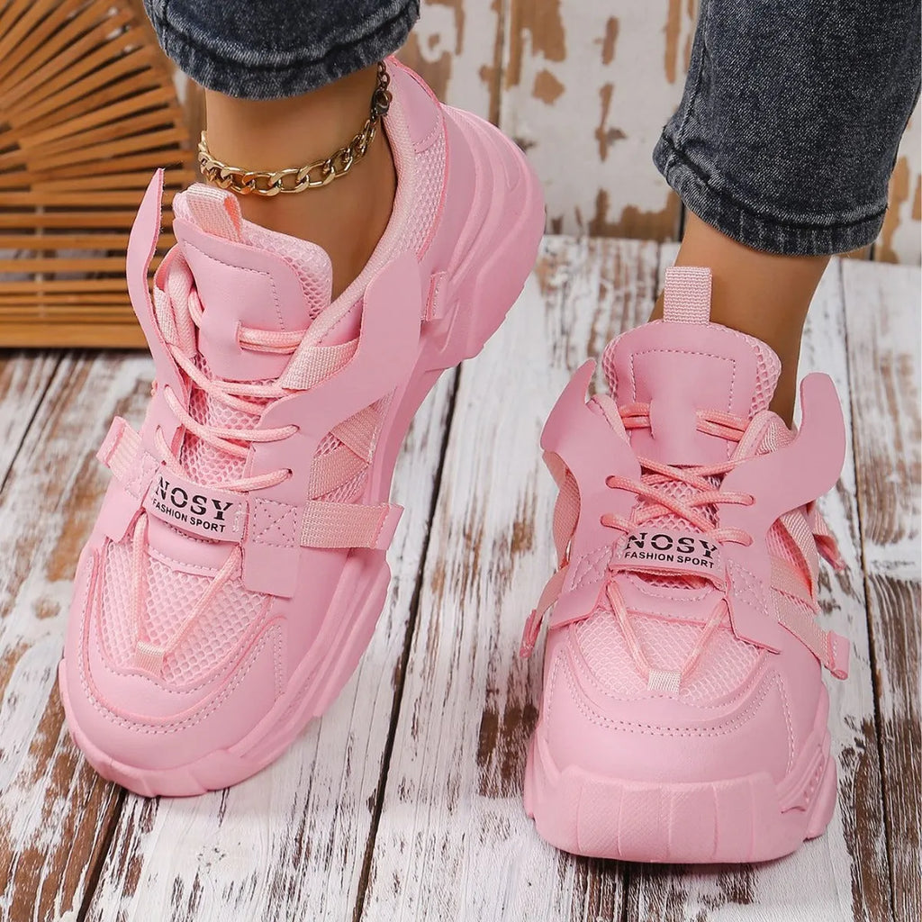 Women's purple platform mesh sports shoes with animal pattern detail and front lace-up closure