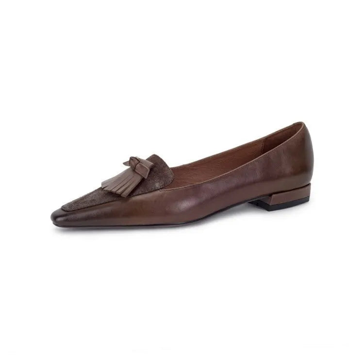 Cowhide retro women's flat loafers with pointed toe and tassel in black, light brown or wine red