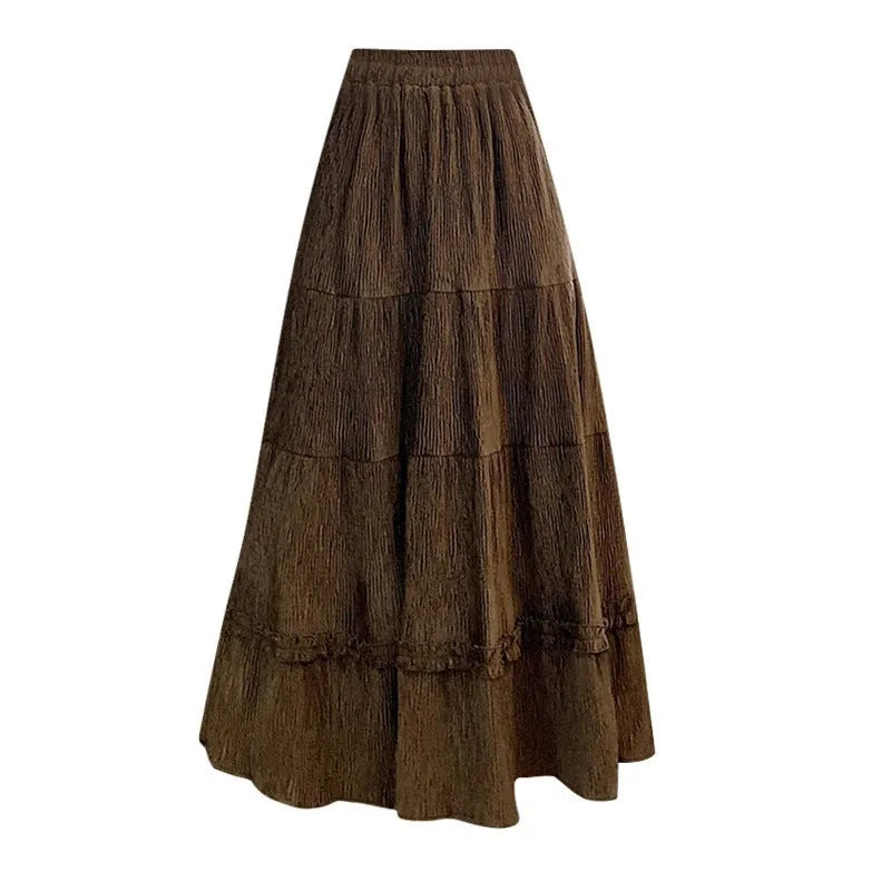 Corduroy A-line midi skirt with elastic waistband in beige, black or brown solid colour