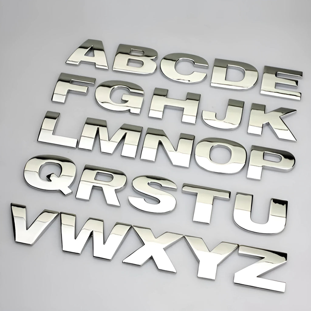 Zinc alloy metal car letter sticker in black or silver, 2.5cm size, for vehicle personalisation.