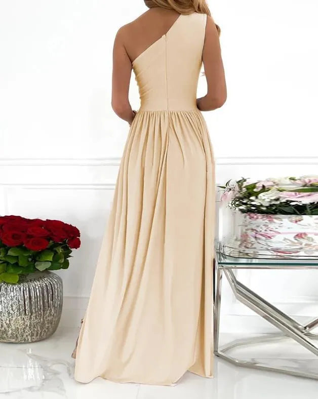 Women's one shoulder maxi dress with high split and cutout sleeveless design in soft fabric