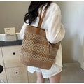 Summer straw shoulder bag with tassel pendant, large capacity, horizontal square shape, brown colour