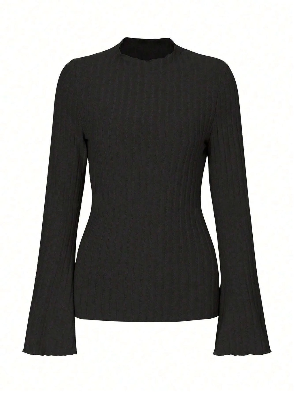Long sleeve round neck pullover in black with lantern sleeves and a subtle sunken stripe pattern.