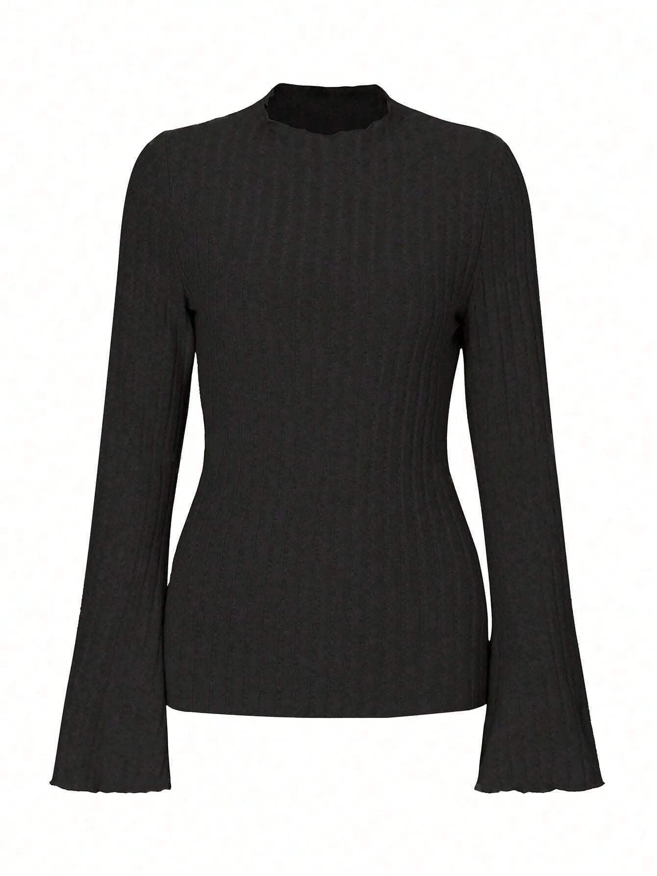 Long sleeve round neck pullover in black with lantern sleeves and a subtle sunken stripe pattern.