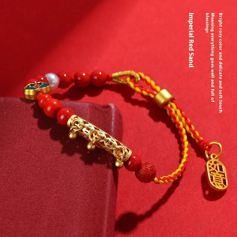 Women's hand-woven cinnabar red sand bell bracelet with round geometry design on neutral background