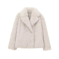 Women's solid color faux fur jacket with lapel collar and long sleeves in beige