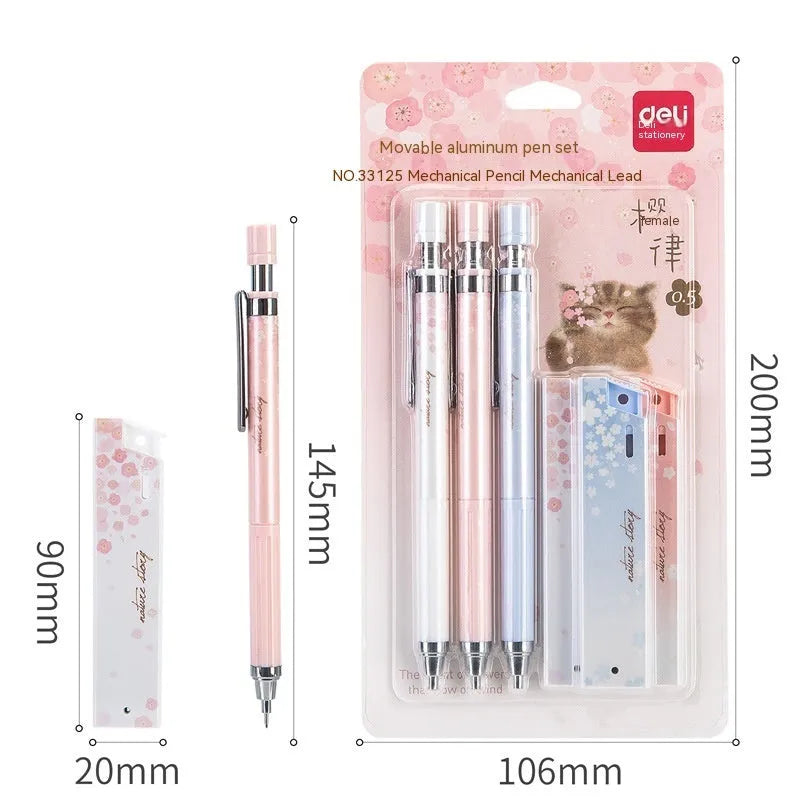 Mixed colour Sakura cartoon design automatic pencil set with three pencils and HB refill boxes