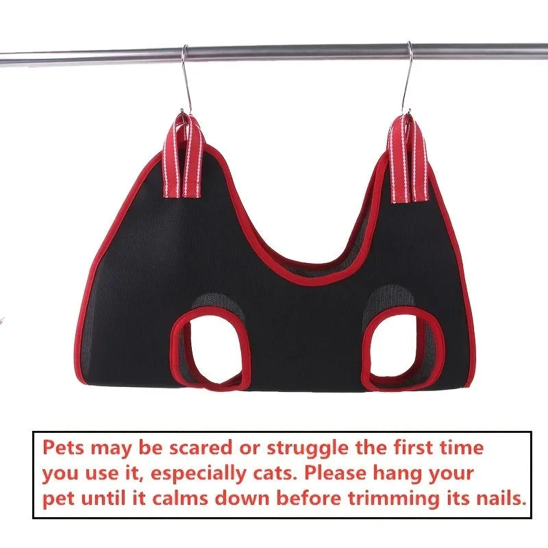 Pet grooming hammock restraint bag suspended for cat or dog nail clipping and bathing