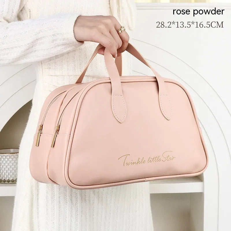 Leather travel toiletry bag in caramel mocha colour with dry wet separation compartments