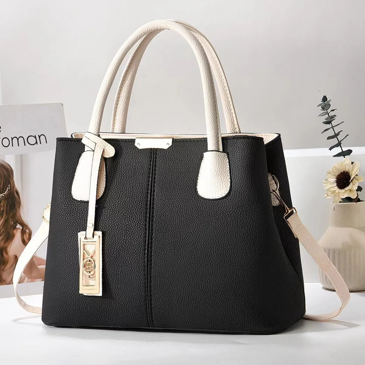 PU fashion shoulder handbag with leather strap in horizontal square design showing colour options