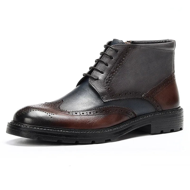 Men's coffee blue leather brogue boots with colour blocking and front lacing on a rubber sole.