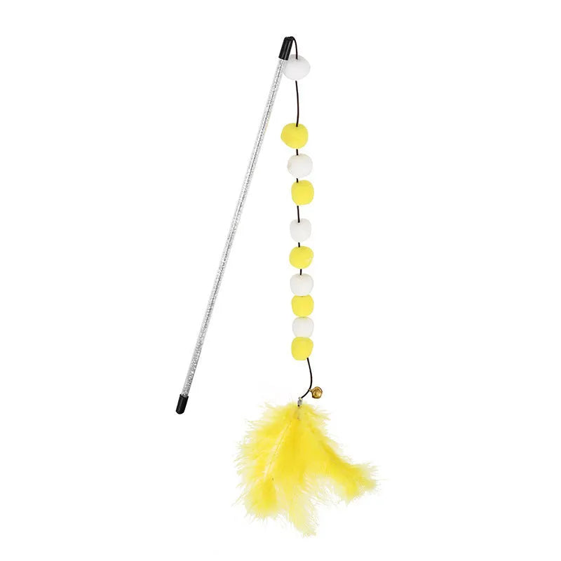 31cm cat teaser interactive toy rod with bell and colourful feather pompon attachments