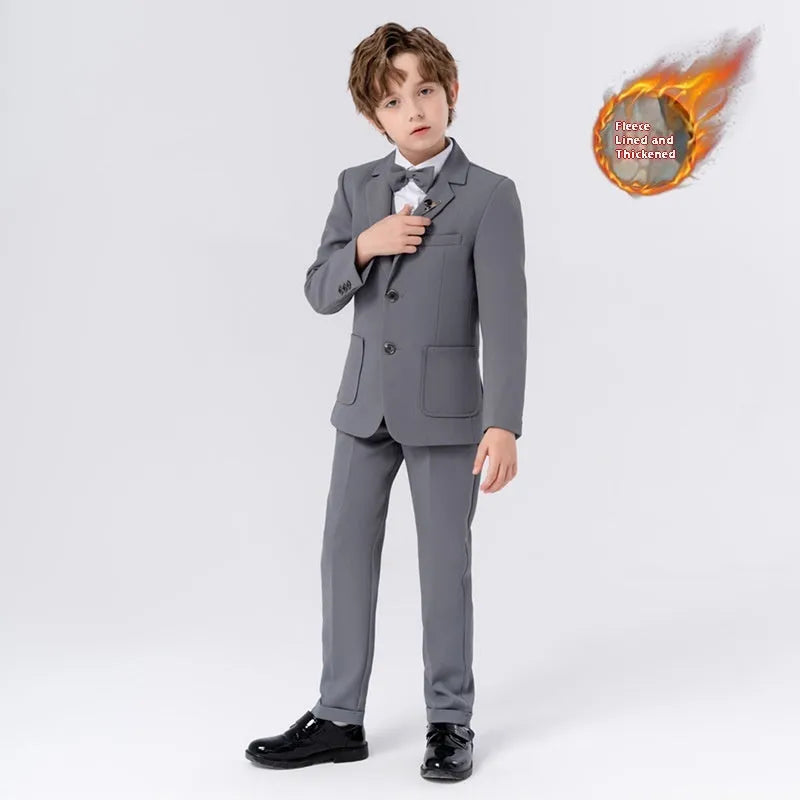 Boys' 5-piece suit set in beige, blue, or grey with coat, trousers, bow tie, vest, and brooch.