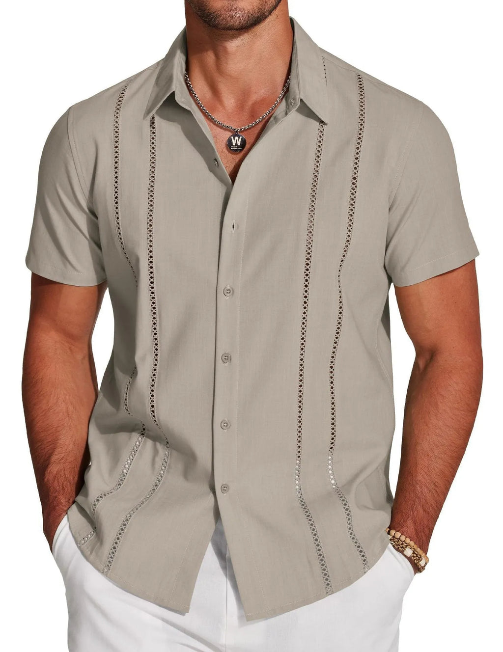 Men's slim fit short sleeve Hawaiian shirt with digital print pattern on elastic polyester fabric.
