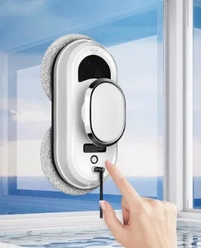 White full-automatic high-altitude cleaning machine with remote control and cleaning accessories.