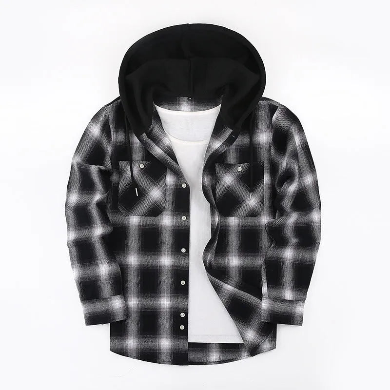Loose fit casual flannel hooded plaid shirt in polyester with multiple colour options