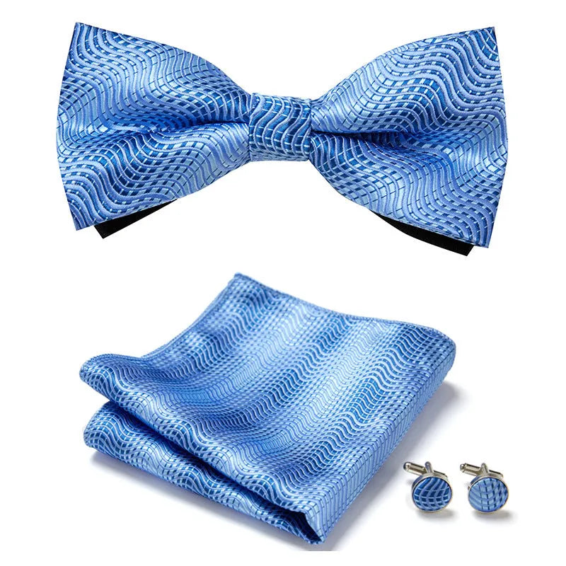 Floral Bow Tie Set of Three Pieces Polyester Yarn Hand-Sewn 12cm by 6cm Bow Tie with Matching Pocket Square 25x25cm and Cufflinks 1.5cm for Men's Formal Wedding and Party Accessories Multistyle Options