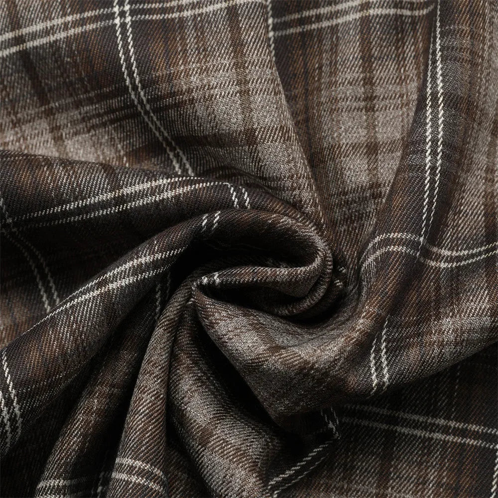 Men's black and brown plaid shirt with embroidered letter detail on chest, short sleeves, lapel collar