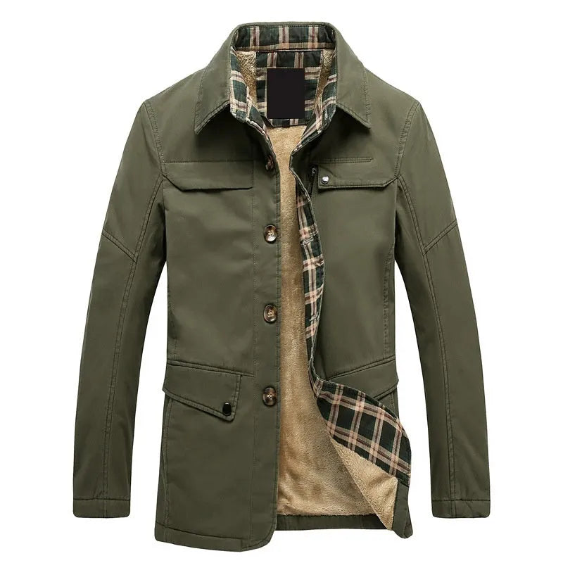Fleece-lined thickened men's Korean slim fit trench coat in khaki, mid-length 65cm, side pockets, velvet lining