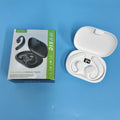 Black and white ear-mounted Bluetooth headset with digital display screen on ear