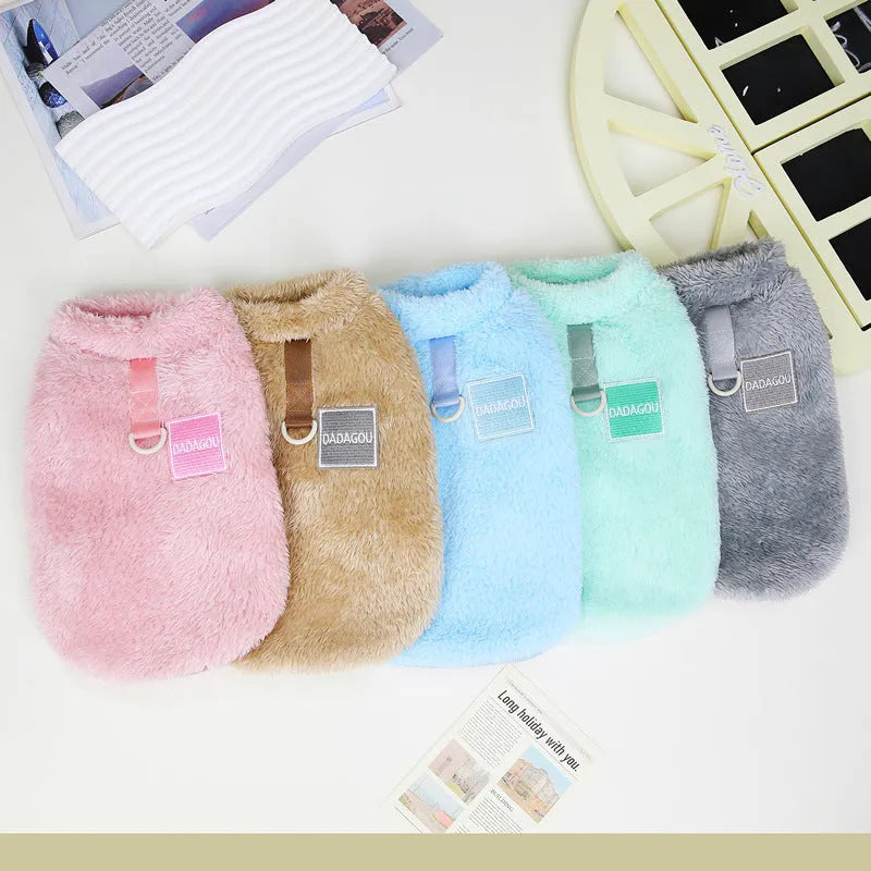 Coral fleece pet jacket for dogs and cats in various colours and sizes.