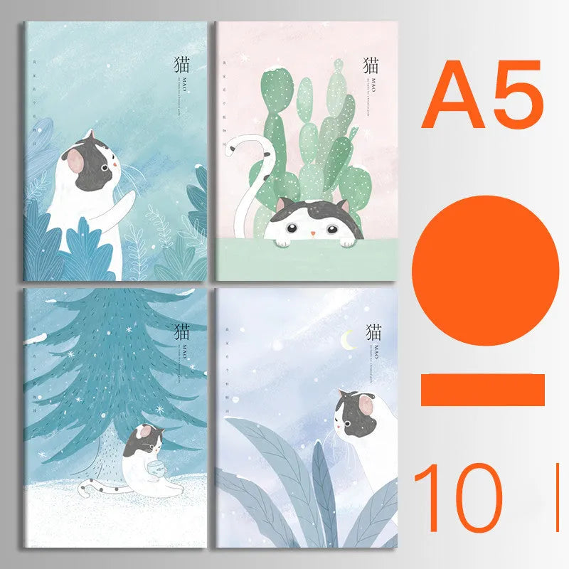 Pack of 10 A5 and B5 soft cover kraft paper notebooks with various designs, showing thread binding.