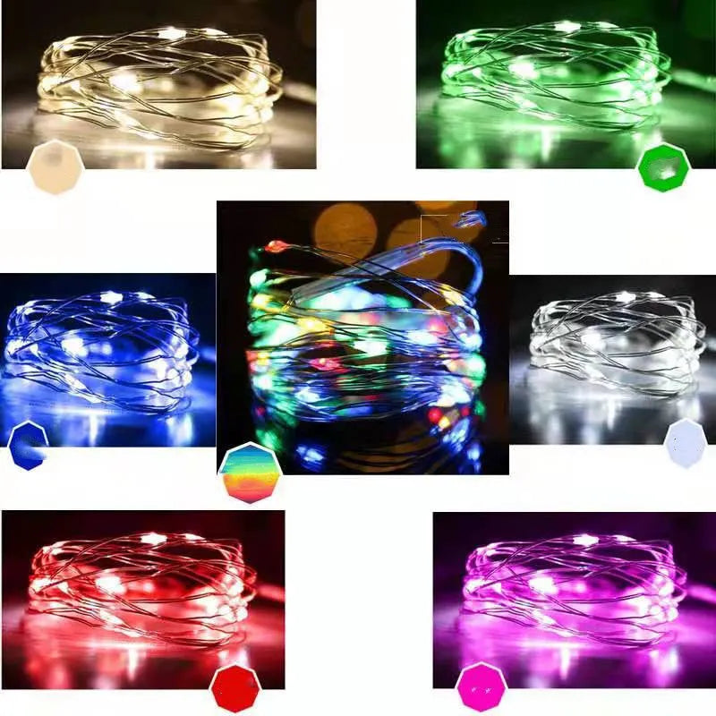 12 metre copper wire battery-operated string lights with 120 LED lamps in multiple colour options