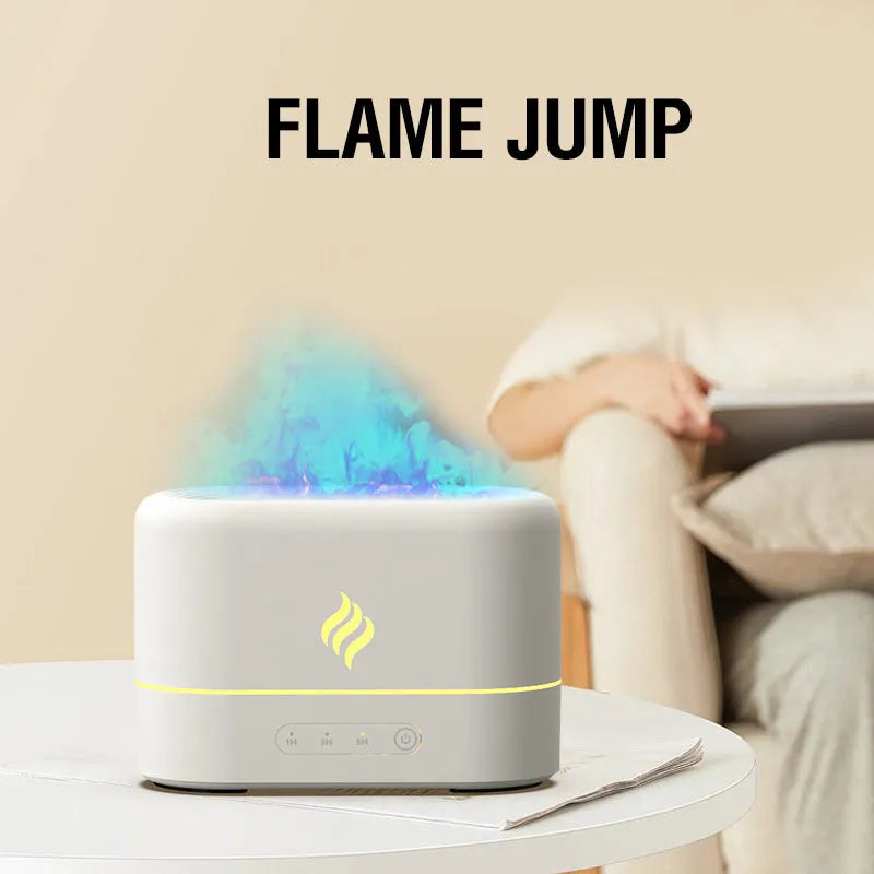 Black or white plastic aromatherapy humidifier with seven-colour flame lighting effect and USB power connection