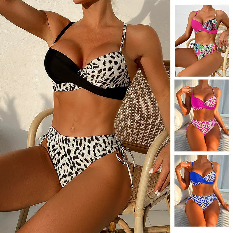 Women's polyester bikini set in leopard print and solid colours, sleeveless briefs style, sizes S to XL
