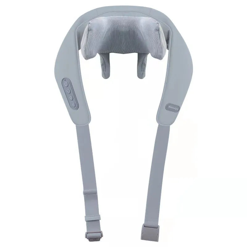 Gray USB-rechargeable neck and back massager with elastic fabric, shown with charging cable.