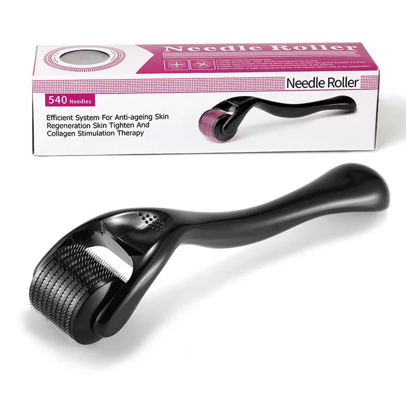 Black derma roller with titanium needles for facial, beard, and scalp microneedling treatments.