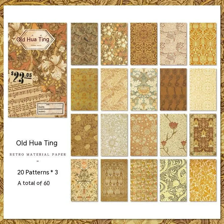Retro artistic decorative base paper set with 60 sheets of cambric paper in 8x13cm size, plastic sealed packaging