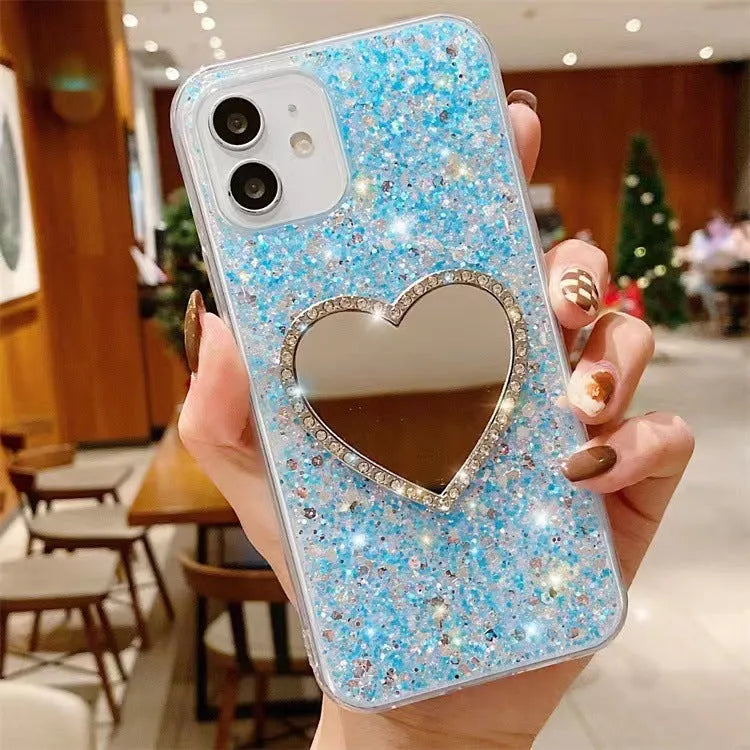 Epoxy mirror heart shape rhinestone phone case for Apple iPhone with glitter gold finish