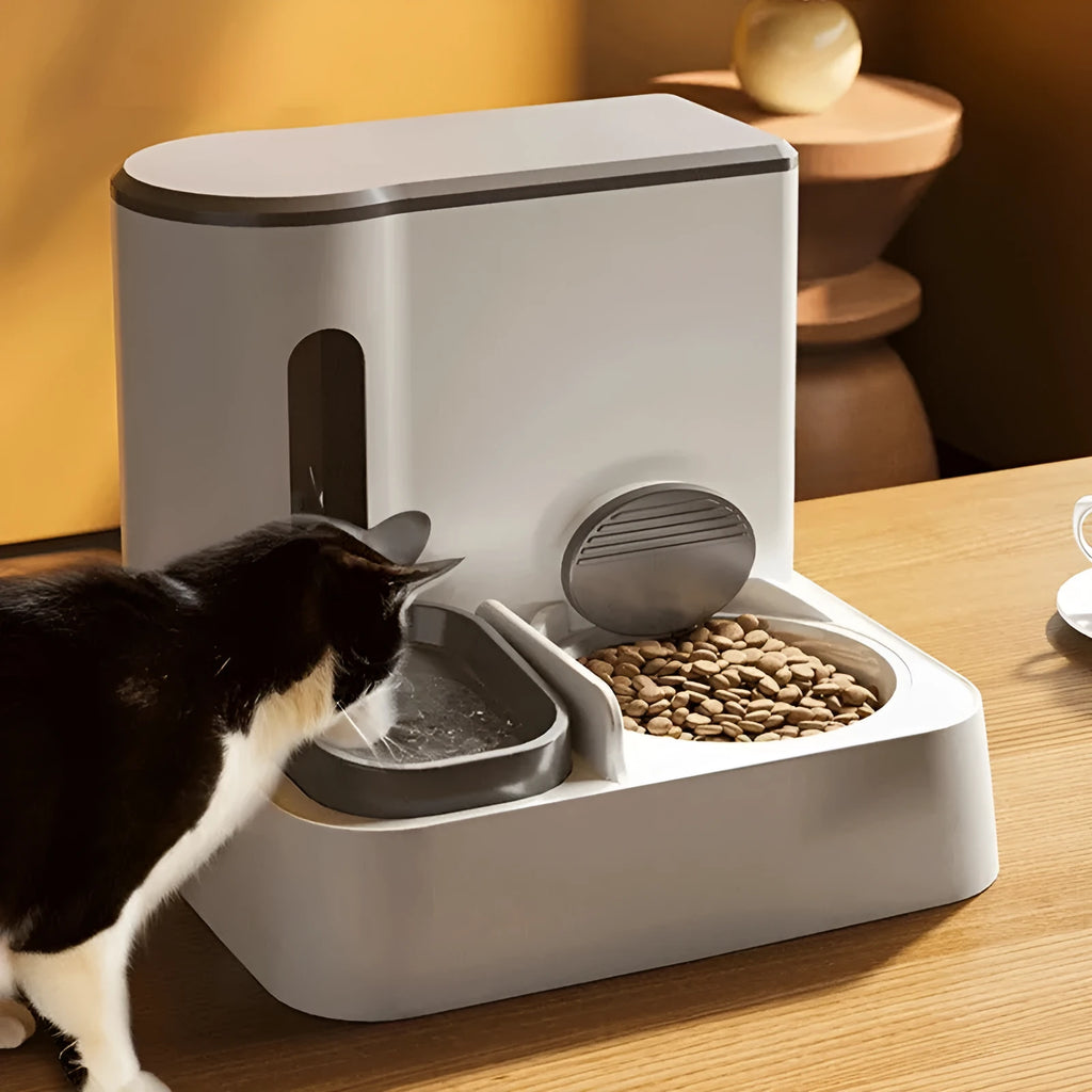 Grey cat automatic feeder and water dispenser station with integrated double bowls.