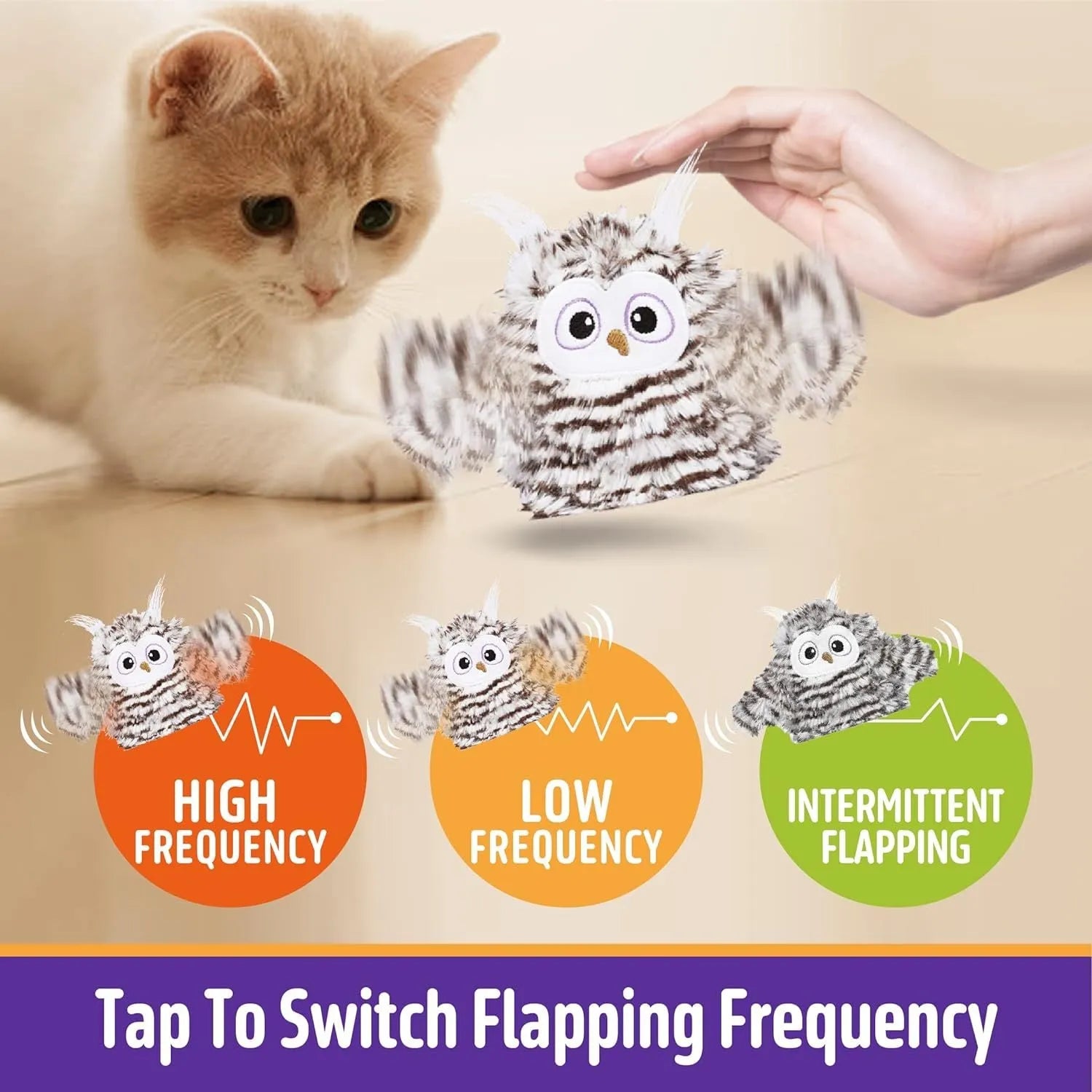 Grey automatic chirping owl cat toy with flapping wings on a floor.
