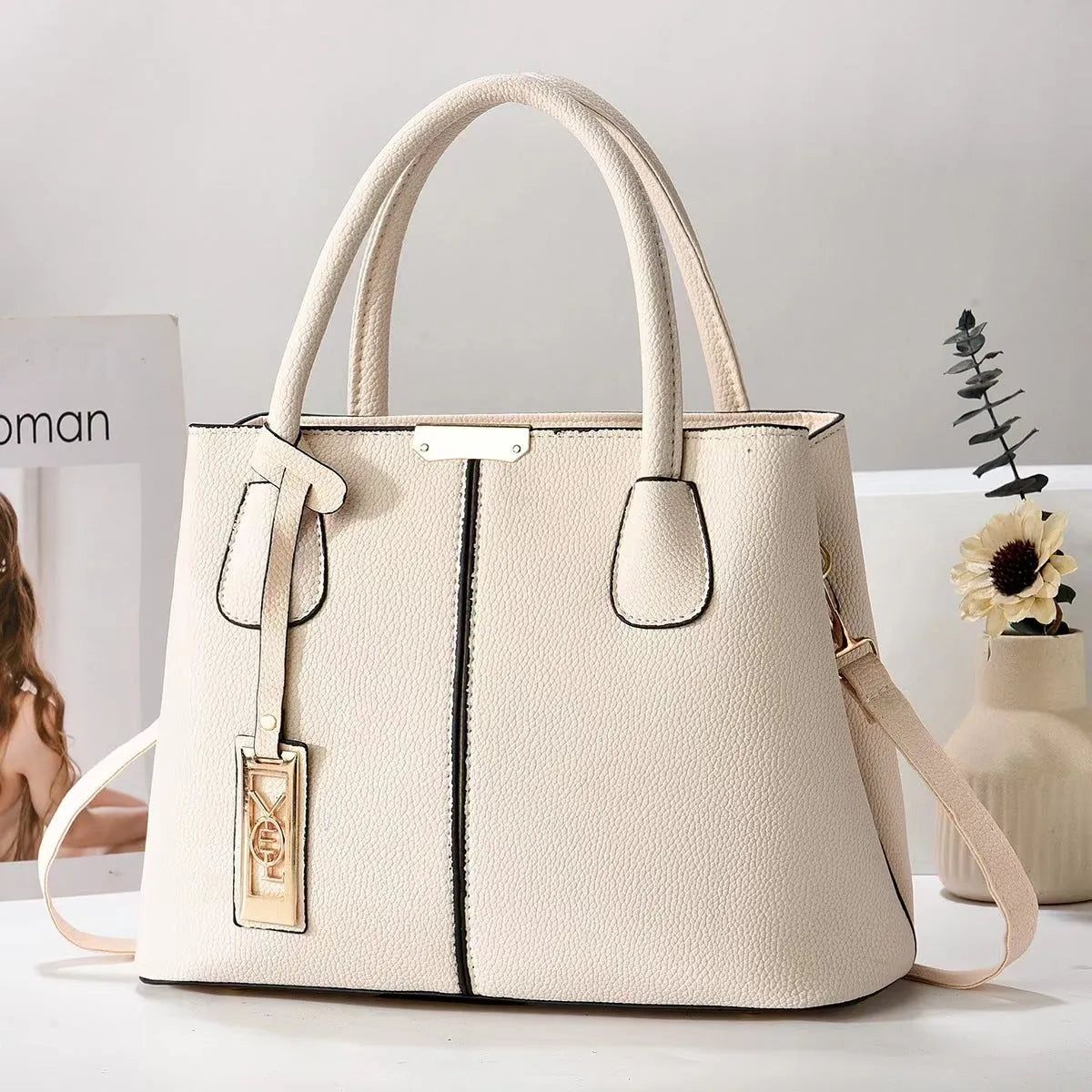 PU fashion shoulder handbag with leather strap in horizontal square design showing colour options