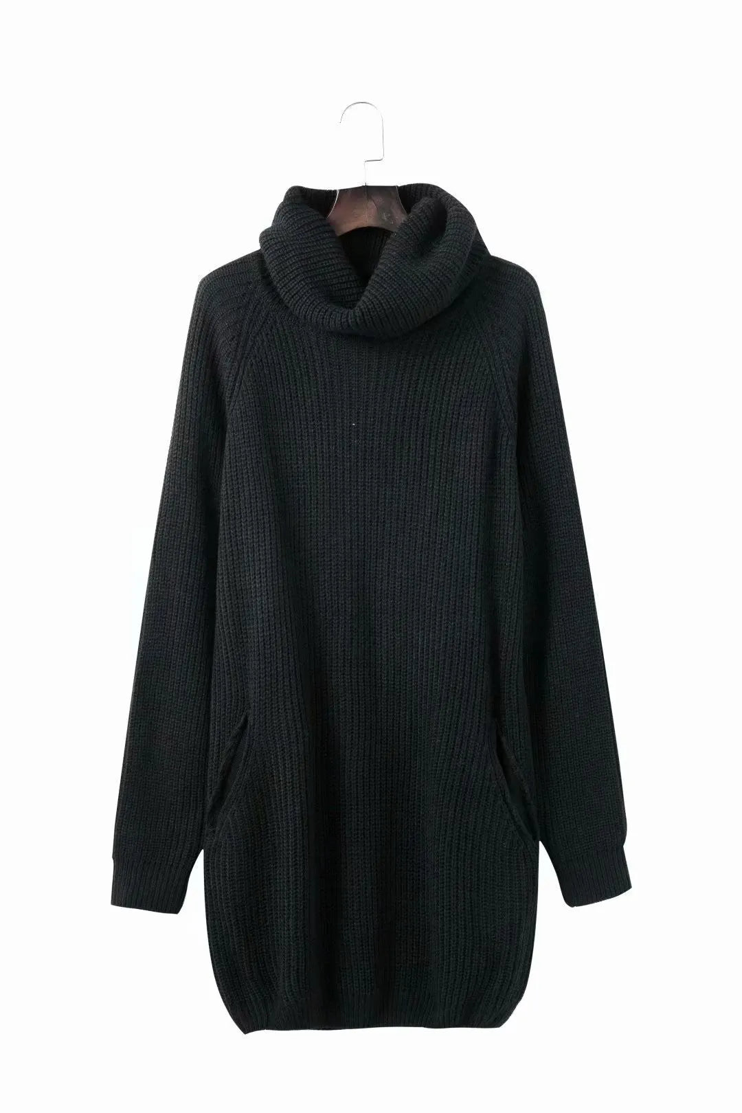 Women's lapel neck mid-length sweater with side pockets in loose slim fit available in yellow, black, and light apricot