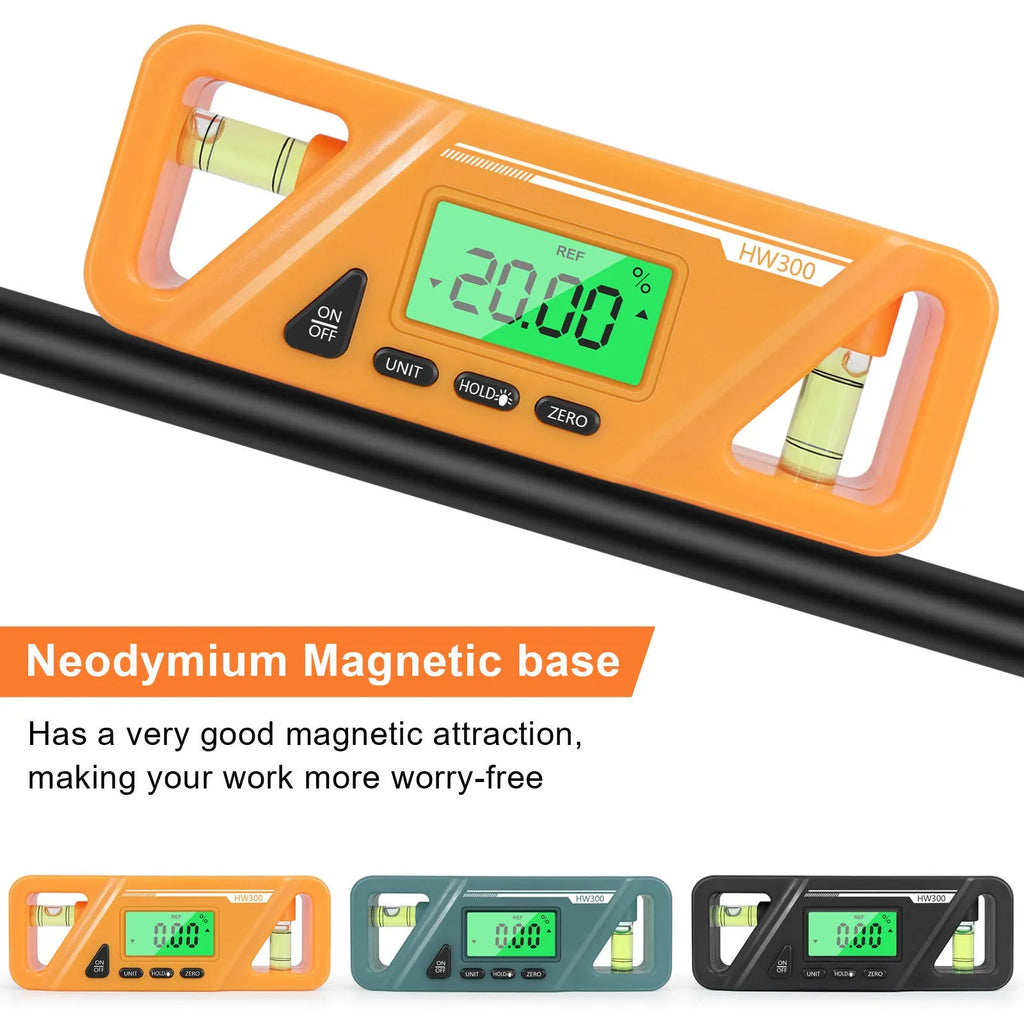 Digital magnetic inclinometer level meter showing angle display on a metal surface