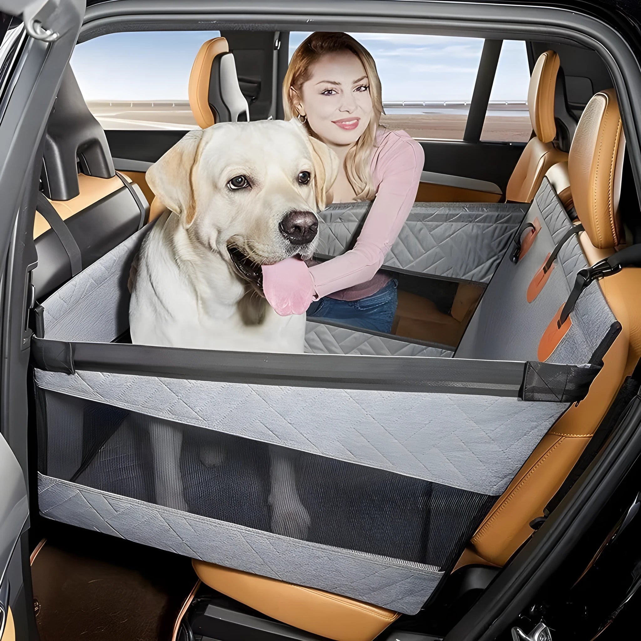 Water resistant dog bed with removable grey cloth cover, 56cm square design