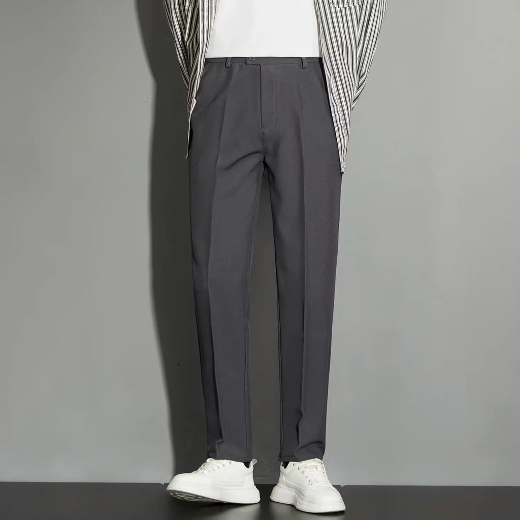 Men's straight-leg suit trousers in chemical fibre blend fabric with spring draping effect