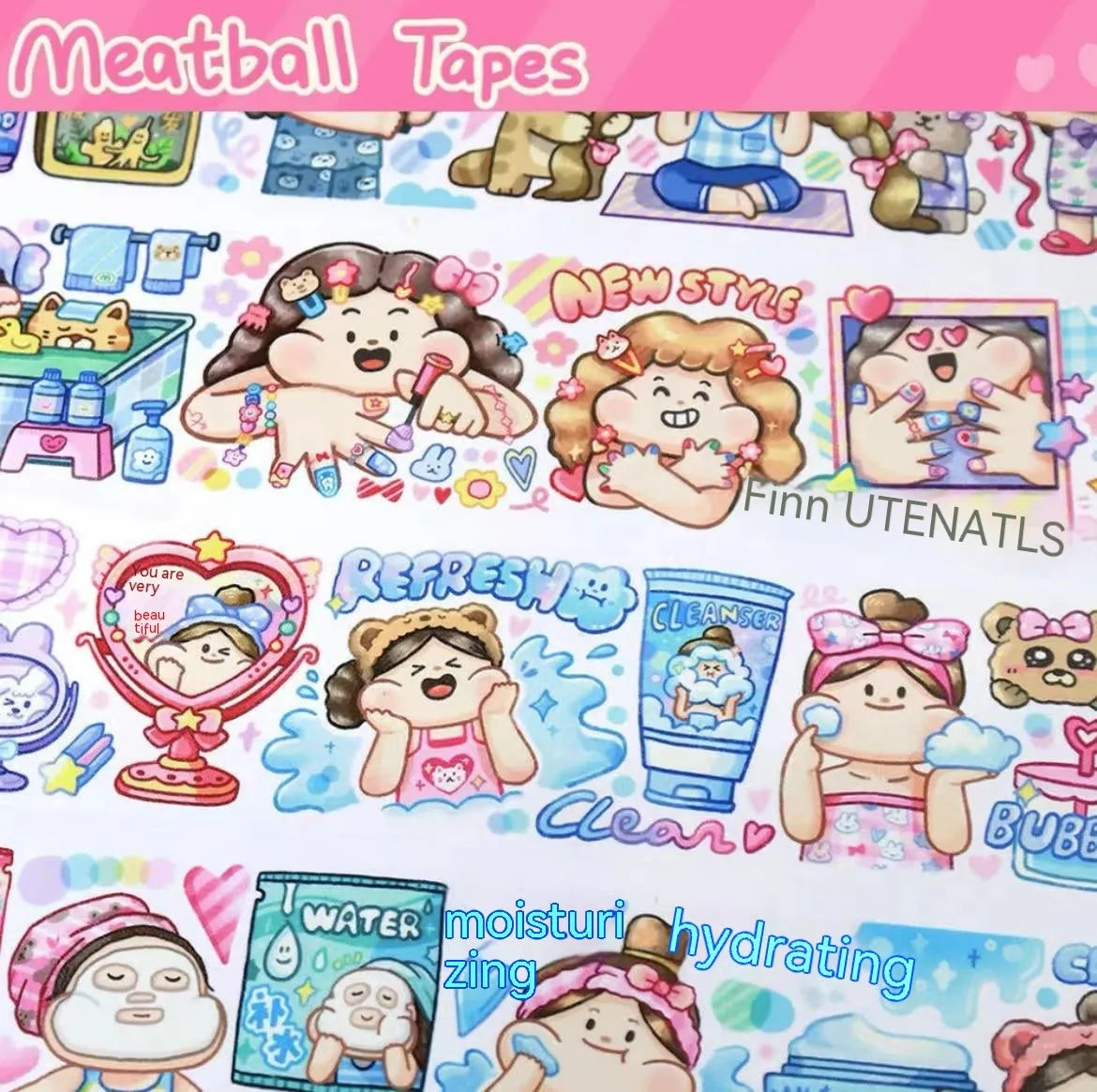 Sheet of cute cartoon character adhesive stickers printed on Japanese paper for medical packaging.