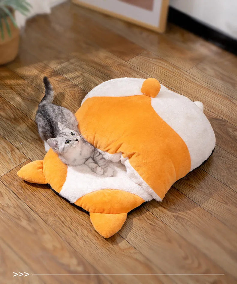 Orange semi-enclosed cat sleeping bag bed, 65 x 53 x 12 cm, winter pet nest and sleeping mat