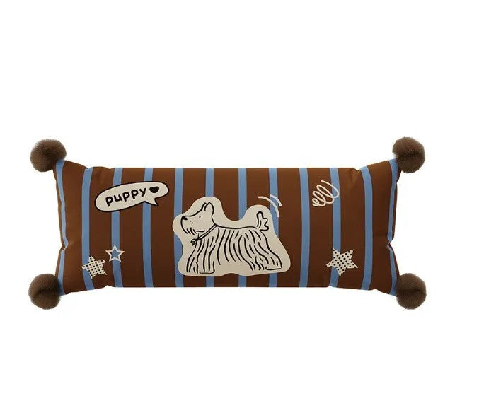 Blue cartoon anime print decorative sofa cushion pillow on a grey sofa.