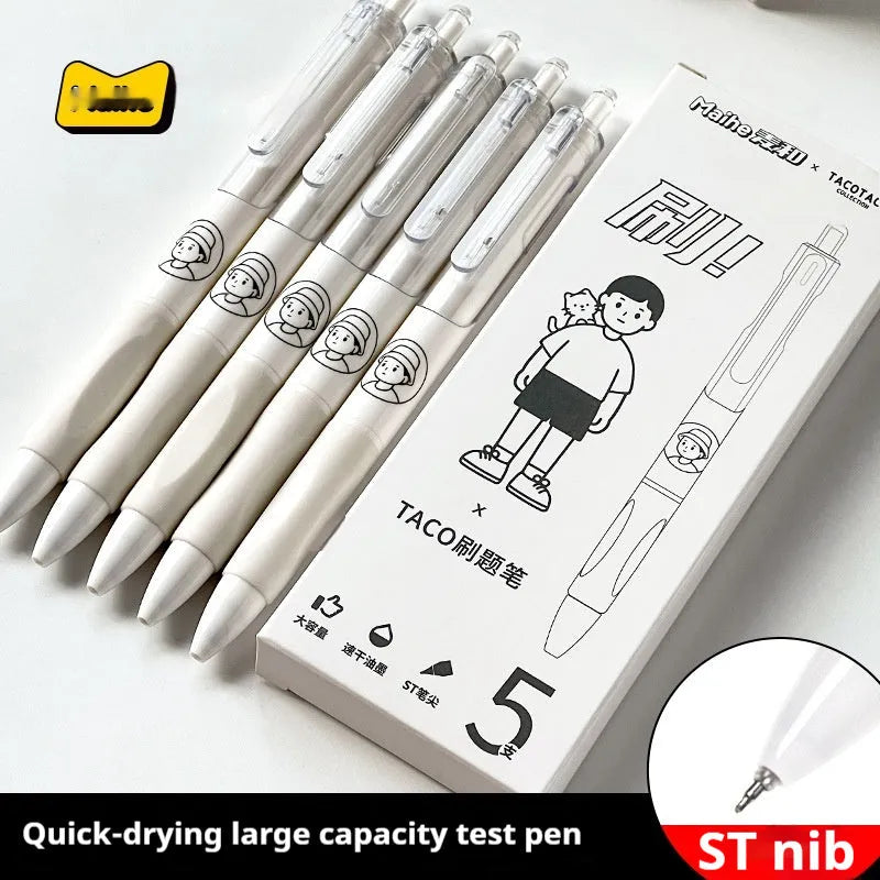 Set of five white ballpoint pens with black ink and 0.5mm tips on a table.