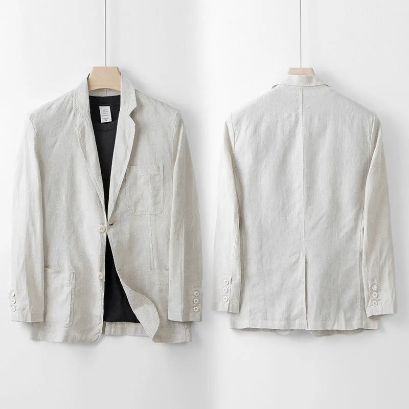 Men's casual linen suit jacket in loose fit with long sleeves showing solid colour options