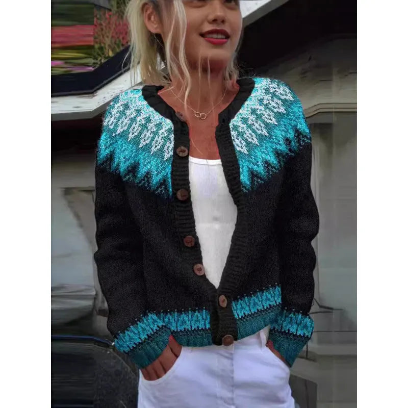 Yellow digital print cardigan with a raised 3D pattern, shown as an open knit coat.