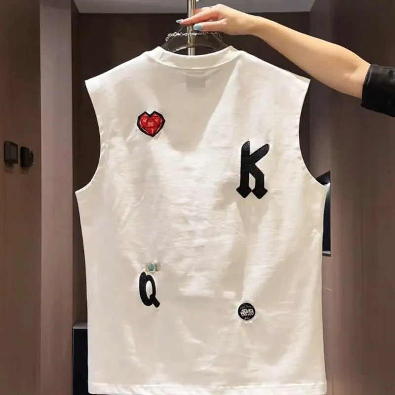 Men's white cotton sleeveless vest with a cartoon graphic print, shown on a hanger.