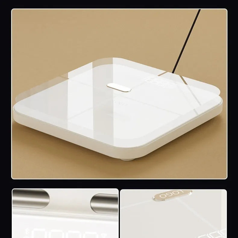 White professional body fat scale with 8 electrodes and a large tempered glass platform.