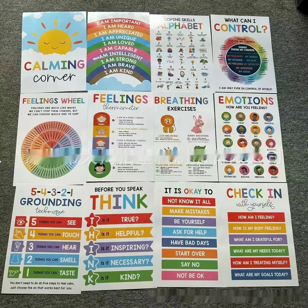 Calm corner poster set for classroom decoration, 12 or 16 sheets, sizes 42x28cm or 35x25cm, four cover colours